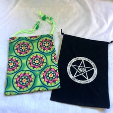 Handmade Green Mandala Black Embroidered Pentagram Drawstring Gift Bag Set of 2