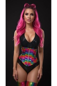Rainbow Glitter Holographic Steel Boned Under Bust Waist Cincher Rave Festival