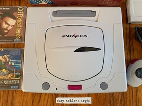 Sega Saturn white Japanese console system in box + 2 games + Pseudo memory cards
