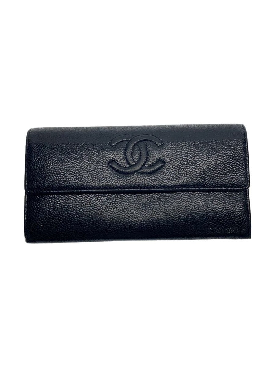 CHANEL Coco Mark CC Black Leather Long Flap Wallet Ladies Pre-Owned