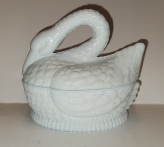 ZABKOWICE Swan Covered Dish. Swan On Nest. Milk Glass. Made in Poland 1910