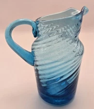 Vintage Turquoise Pitcher Swirls And Bubbles. Small Handblown Amber Glass