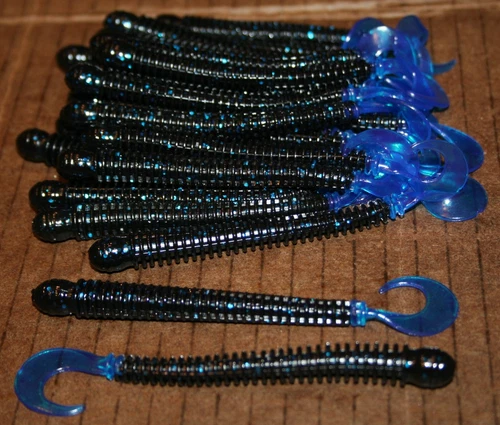 4" Ring Worm Disc Body Black Blue Tail Bass Walleye Plastic Jig Worm 50 pk bulk