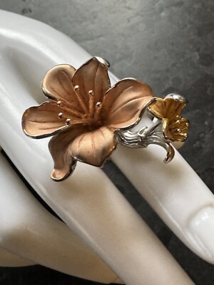 Sterling ROSS SIMONS Rose Gold Vermeil 3D Lily Flower Statement Sz 5 Ring