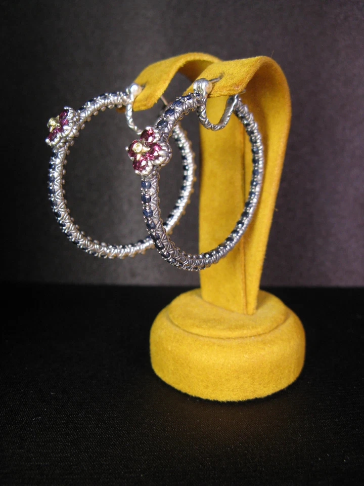 PENDIENTES BARBARA BIXBY AROS PIEDRAS PRECIOSAS ZAFIRO NEGRO ROSA GRANATE FLOR Regalo Foto 2 de 2