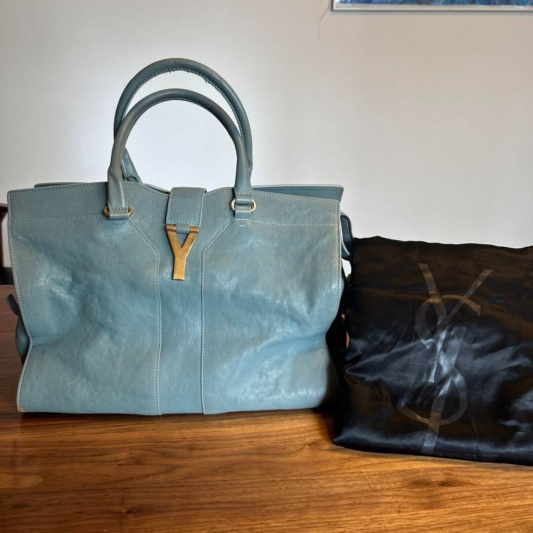 Borsa a mano YVES SAINT LAURENT YSL Y Line Cabas in pelle blu spedita dal Giappone!!!!