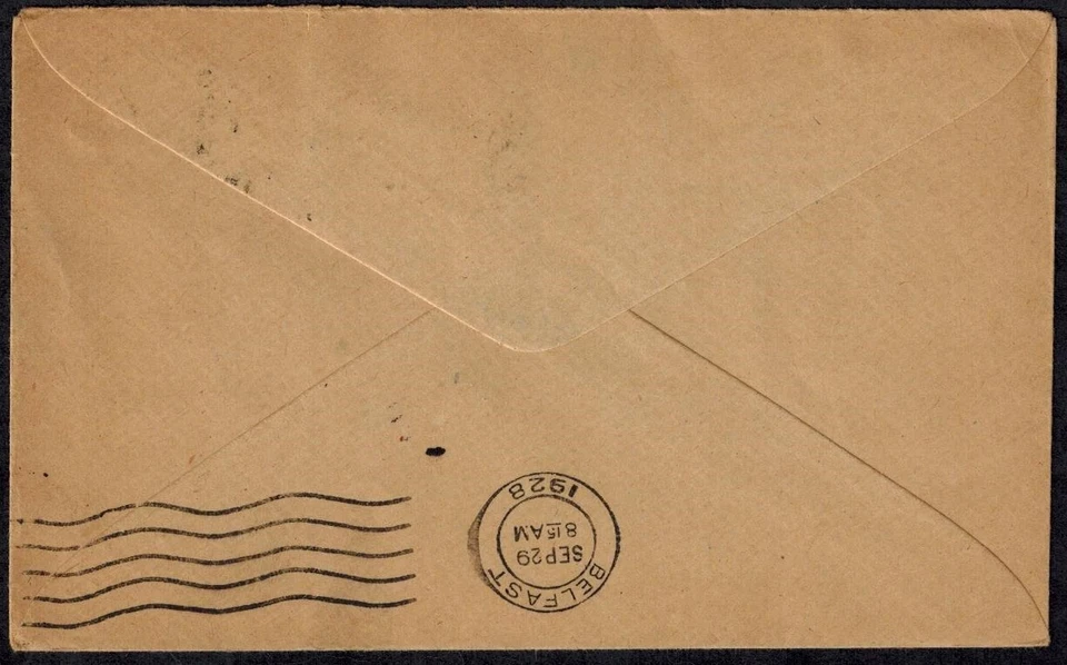 Great Britain 1928 Flying Boat Cacheted Cover w/1/2d, 1d x 2 & Belfast Backstamp - Image 3 of 3