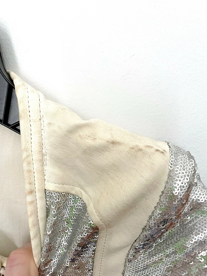 Chaqueta IRO Plateada Lentejuelas Cuero Blanco Cremallera Talla FR 36 US 2 Foto 4 de 4