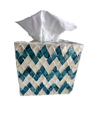 MOTHER OF PEARL Shell Boutique Tissue Holder  Box Cover MOSAIC White Teal Blue