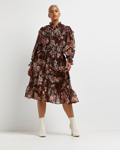 RIVER ISLAND PLUS Brown Floral Shirred Midi Dress UK 20 RRP £68 - Picture 10 of 12