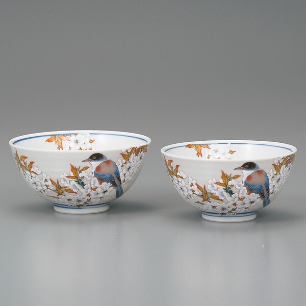 Par De Gohan Chawan Kutani Yaki Ware Tazón De Arroz Wildcheryy Y Pájaro Japón