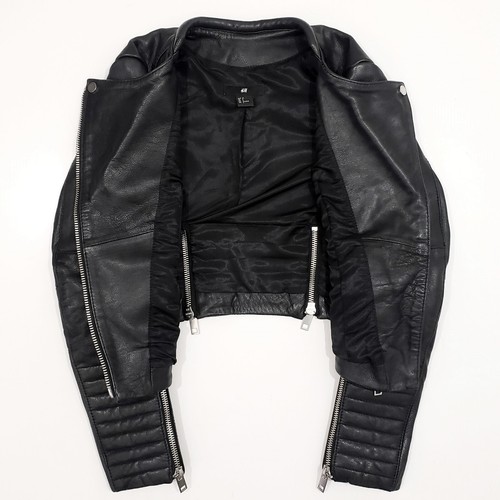 H&M ICONS Leather Grain Cowhide Biker Jacket Buckle Quilt Rib Zip Detail 36-6-S - Picture 7 of 11