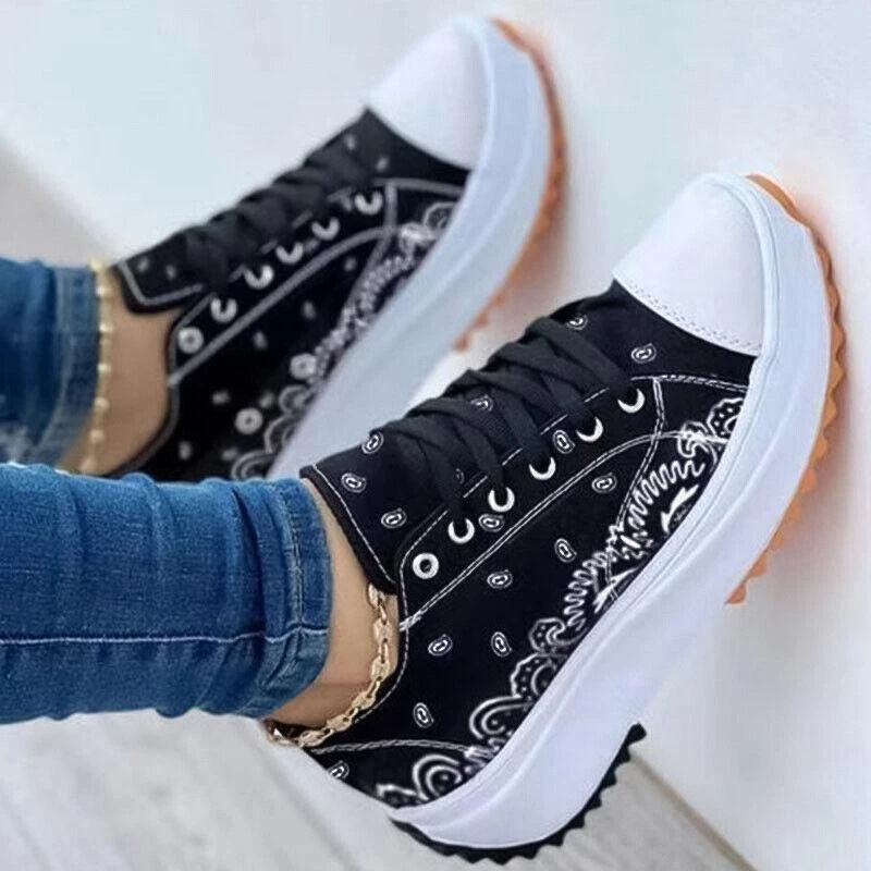 Womens Casual Printed Platform Sneakers Comfy Breathable Lace Up Canvas Shoes Ne eBay