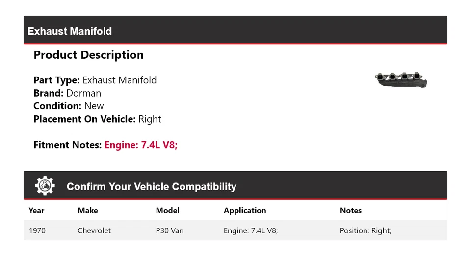 For 1970 Chevrolet P30 Van 7.4L V8  Dorman Exhaust Manifold Right - Image 2 of 4