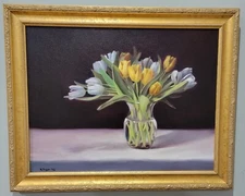 Original Oil Painting "Tulips in Clear Vase"  Dutch Master Style Sfumato Realism