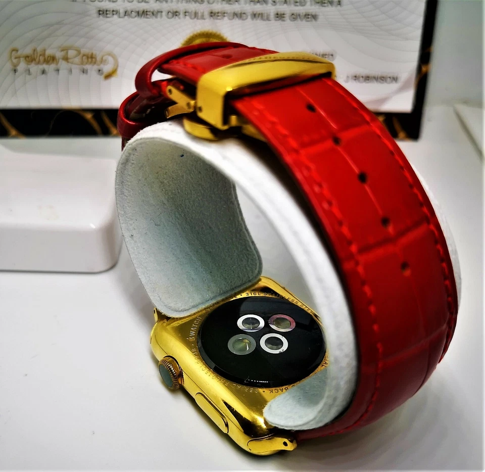 Stainless Steel Apple Watch 42mm Genuine Red Leather Strap  24K Gold Plated - Image 4 of 4