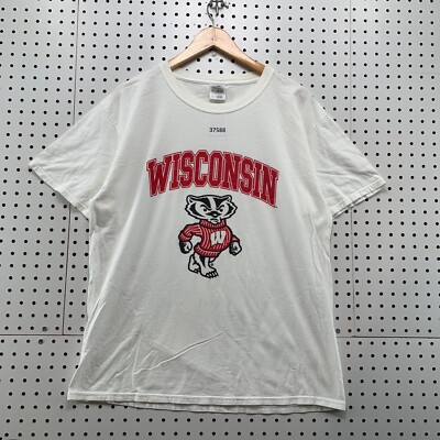Wisconsin Badger Shirt Mens Large White Short Sleeve University 21.5x28