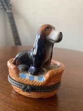 Porcelain BASSET HOUND IN DOG BED BASKET Trinket Box  Hinged Lid dog lover gift