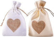 Burlap Bags, 20 Packs 4"x6" Drawstring Heart Burlap Gift Bag Candy Pouches Linen