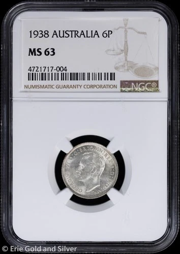 1938 6P Australia Silver 6 Pence NGC MS 63 | Uncirculated UNC