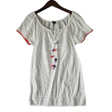 J Crew Embroidered Linen Cotton Pom Pom Cover Up Tunic White XXS G4021