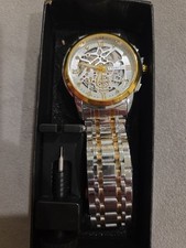 KASRLUO Men's Automatic Skeleton Dial Watch Silver Gold Metal Bracelet 45.3mm