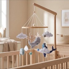Blue White Whale Baby Crib Mobile with Clouds and Deer Felt Nursery Decor