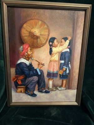 10 X 12 Oil Painting Print Framed Chinese Grandpa Girls Jie-Wei Zhou