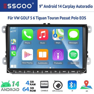 9'' Autoradio Carplay 4+64G Android14 RDS GPS Für VW GOLF 5 6 Touran Caddy Passat