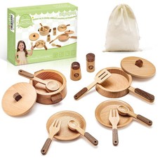 Wooden Play Cooking Set with Plates and Dishes, Kitchen Toys for Kids 3 4 5 6...