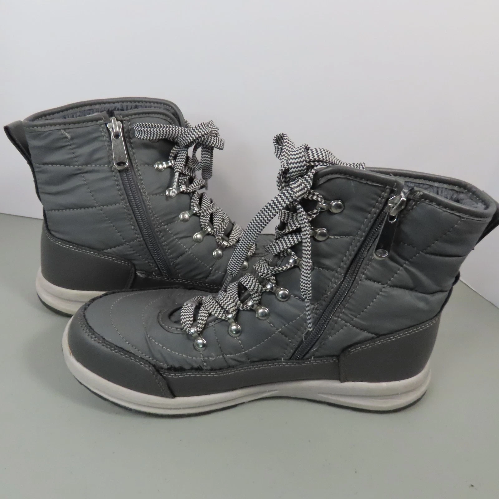 Women’s Winter Snow Boots Gray Faux Fur Lined Lace Up Side Zip Hiking Boots S 9M
