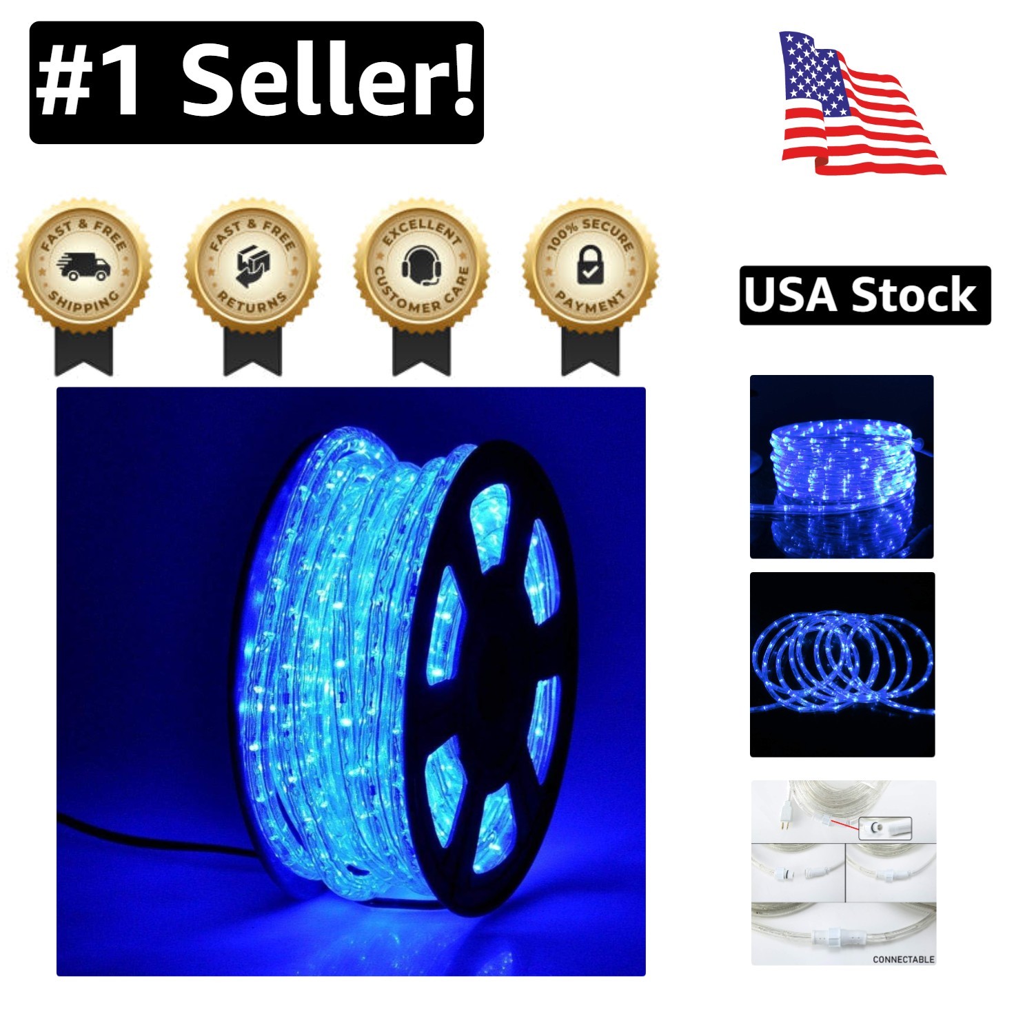 50ft Waterproof Connectable Blue LED Rope Lights for Outdoor Decor