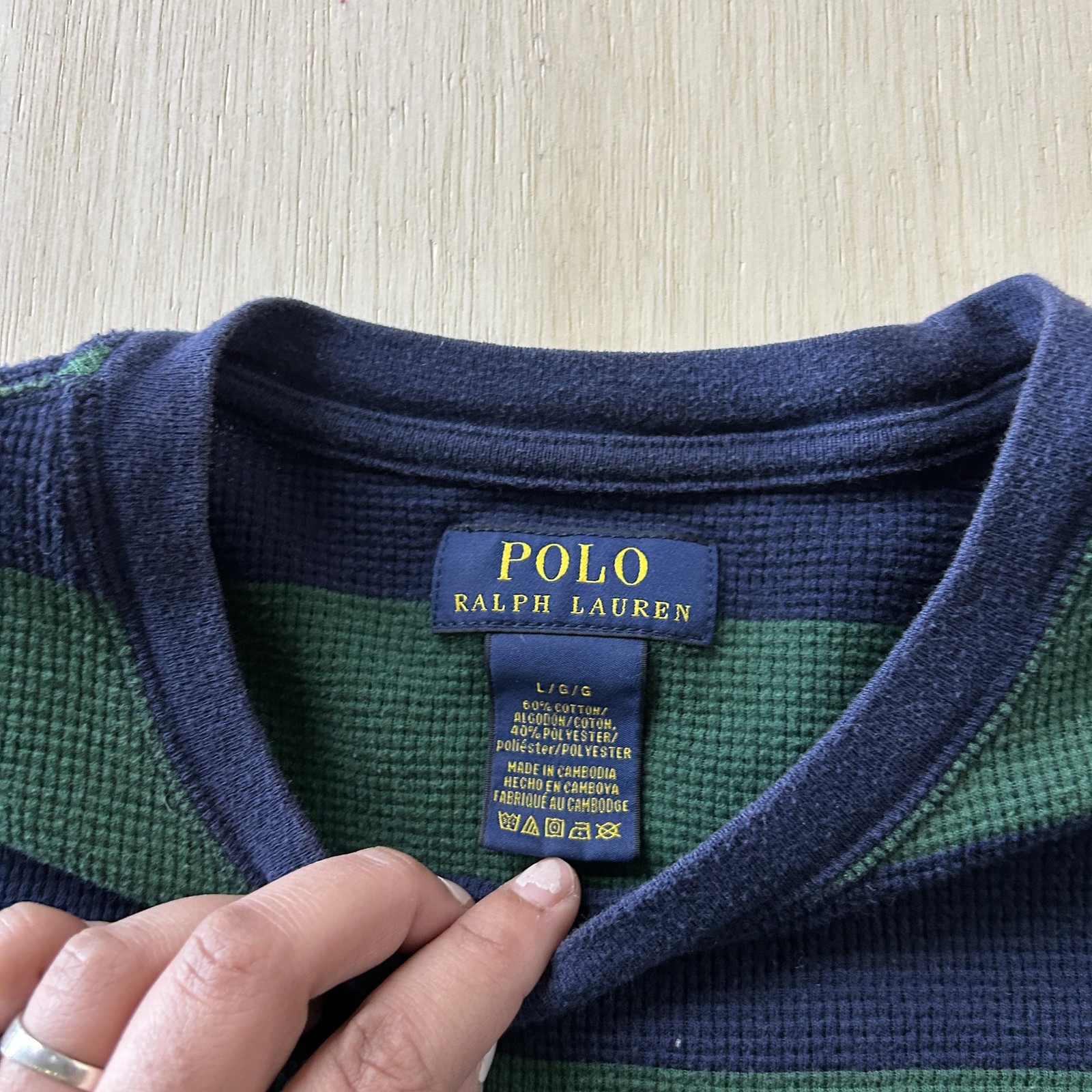 Polo Ralph Lauren Sweater Mens Large Blue Green Striped Thermal Knit Crewneck thumbnail 4
