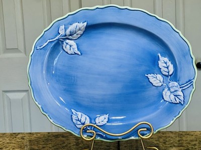 Portmeirion Studio Duet Blue Leaf Relief Oval Platter 15  Handpainted China