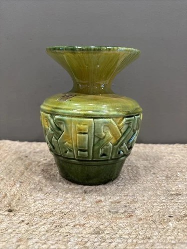 Vintage Haeger Pottery Vase Avocado Green Geometric Design Green Inside