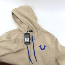 124 NEW True Religion Mens XL Contrast Full Zip Hoodie Fog Tan Blue Buddha Logo