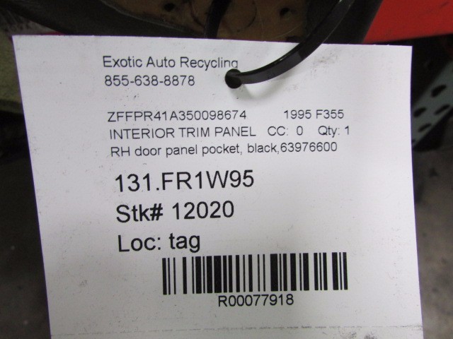 Ferrari F355, RH, Right Door Panel Pocket Trim Panel, Black, Used, P/N 63976600