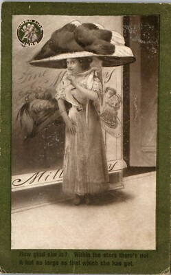 Vintage Humor Postcard Woman in Giant Widow Maker Hat at Millinery Store 1909