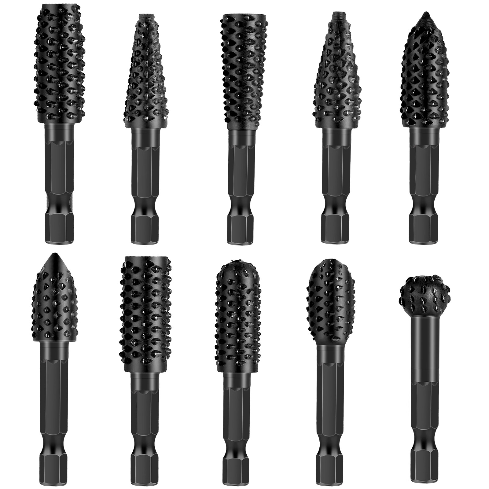 10pcs Rotary Rasp Burr File Bit Set 1/4" Shank Carbon Steel Wood Carving Tool