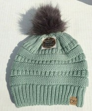 Winter Thick Knit Warm Lined Faux fur Pom Stretchy Ski Beanie hat Jade green G