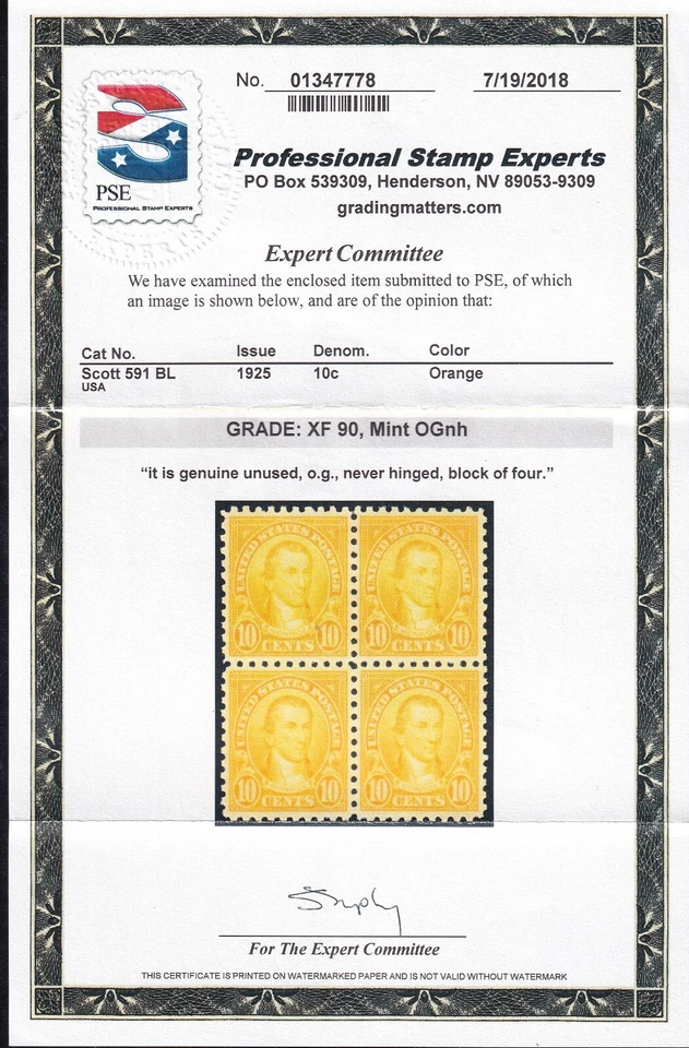 US Scott #591, 10c Monroe Block of 4 Stamps PSE Graded XF 90, Mint OGnh, Nice! - Image 2 of 2