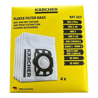 Bags Karcher KFI 357 WD2 WD3 Fleece Filter Bags Pack 4 2.863-314.0 Genuine Part