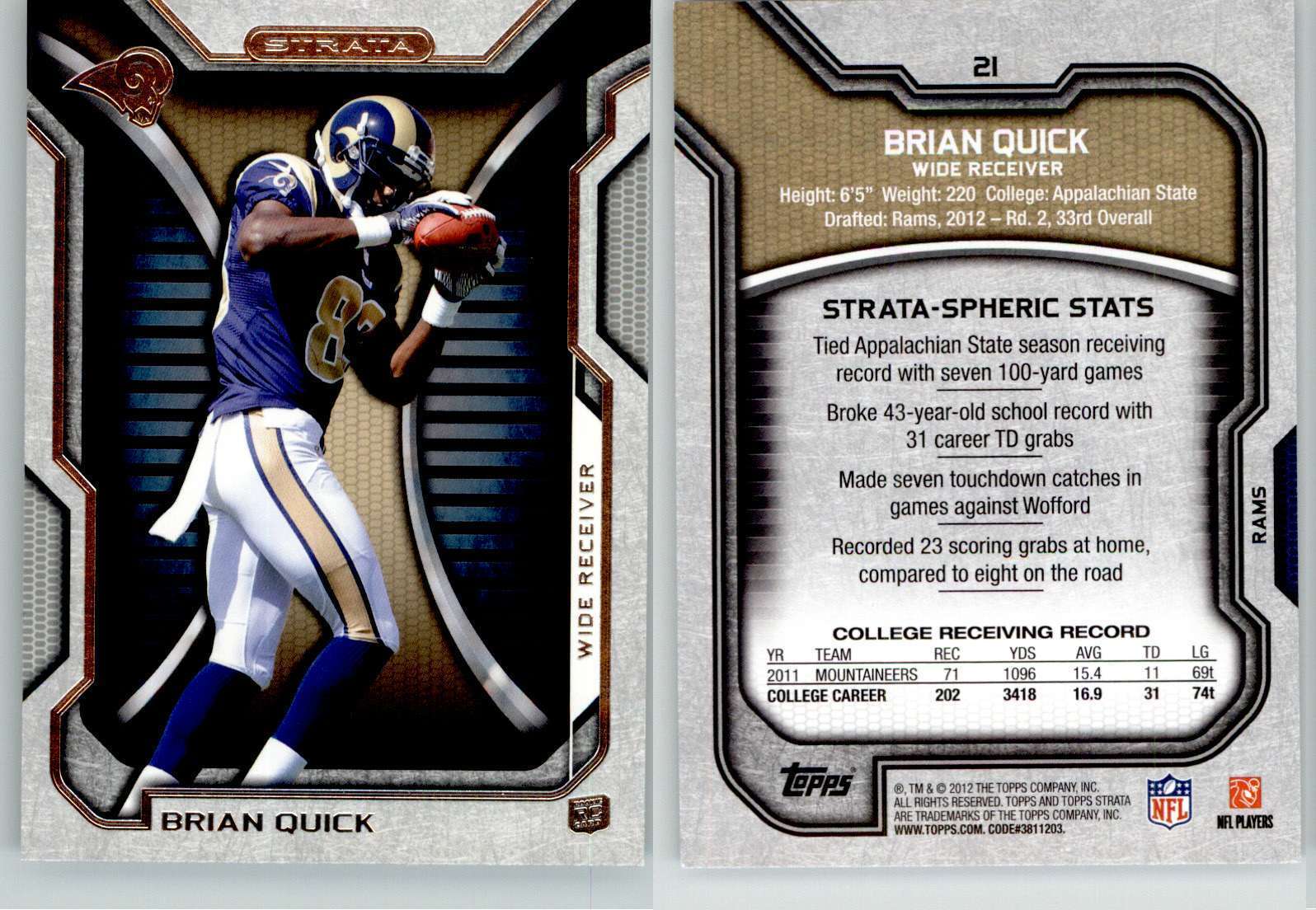 Brian Quick 2012 Topps Strata Retail #21 App St Rams RC Rookie