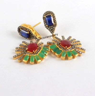 Natural Pave Diamond Emerald Ruby Blue Sapphire Gemstone 925 Silver Earring. - Image 1 of 4