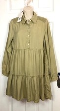 New With Tags Zara Khaki Green Long Sleeve Tiered Shirt Dress Medium 10-12 uk