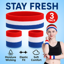 Sweatband Set Red White Blue Sports Headband Wristbands Cotton Terry Gym Running