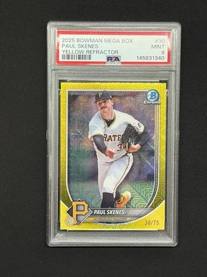 2025 BOWMAN MEGA BOX CHROME YELLOW REFRACTOR  PAUL SKENES 30/75 Jersey# PSA 9