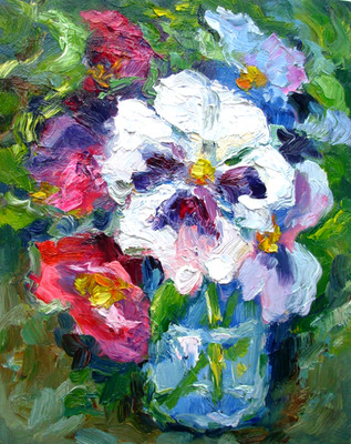 Stiefmütterchen Original Ölgemälde Blumen Wandbild Leinwand Tafel 8x10 cm