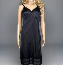 Lady Manhattan Full Slip Dress Chemise Size 40 Black Silky Nylon Semi-Sheer USA