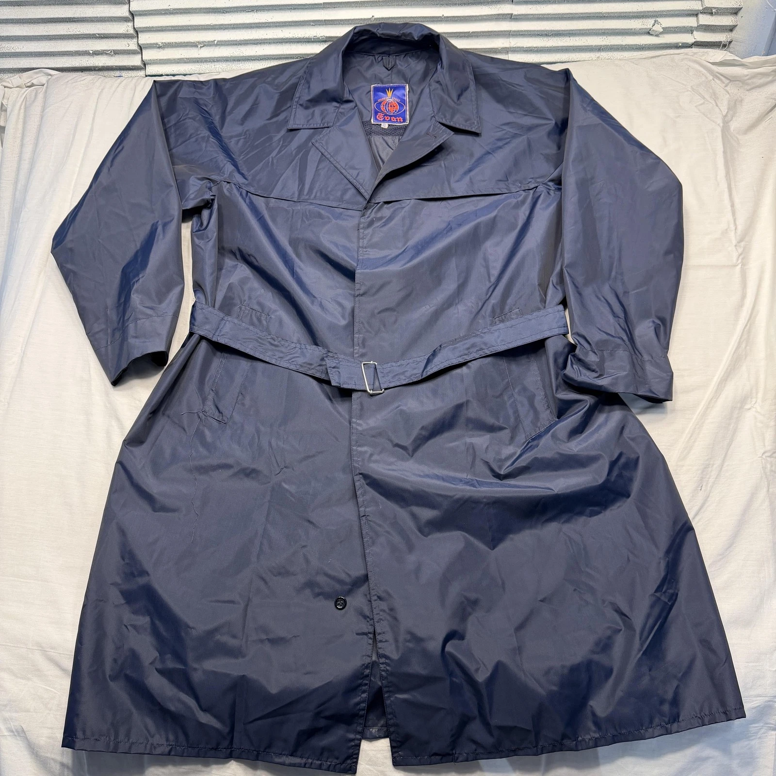 Evan Coat Mens 48 Medium Navy Belted Rain Trench Made in Italy Storm Flap Long